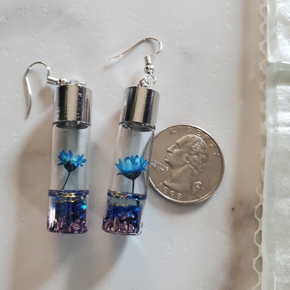 Blue Wish Flowers Glass Bottle Dangle Earrings - Picture 3 of 9